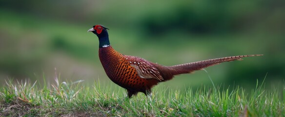Fototapeta premium Pheasant proudly strutting across a vibrant and expansive grassy landscape