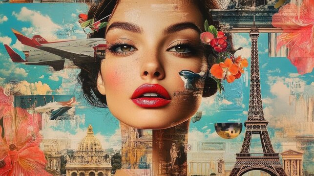 Vintage travel collage featuring the Eiffel Tower, airplanes, domed architecture, vibrant tropical flowers and blue sky evoking nostalgic dreamy wanderlust
