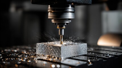 Precision drilling of metal block in machine shop during afternoon hours with bright lighting and clear focus on tool