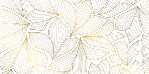 Plakat Luxury Art Deco pattern with elegant gold line leaves and floral motifs on white background. Vector design Japanese ornament, tropical palms, organic waves, wallpaper, spa branding, tea packaging.