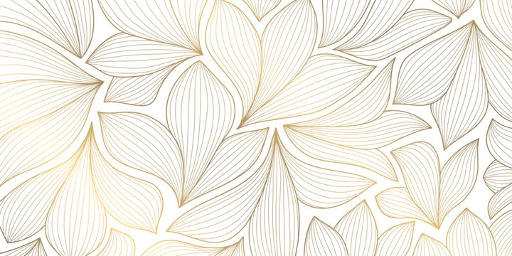 Luxury Art Deco pattern with elegant gold line leaves and floral motifs on white background. Vector design Japanese ornament, tropical palms, organic waves, wallpaper, spa branding, tea packaging.
