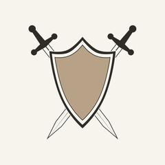 Obraz premium Outline Cross Shield with Crossed Swords – Christian Heraldic Symbol, Minimalist Medieval Faith Wall Art in Neutral Tones