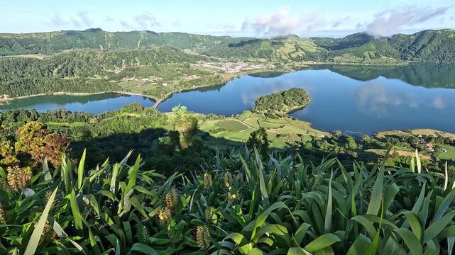 View from Miradouro do Cerrado das Freiras over Lagoa Azul and Lagoa Verde in Sete Cidades caldera, Sao Miguel Island, Azores