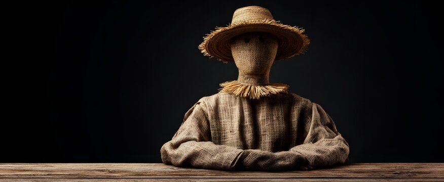 The strawman figure stands quietly on the wooden surface evoking a lonely stillness