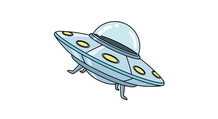 Cartoon illustration of a classic silver flying saucer UFO with yellow lights and a glass dome on white background.
