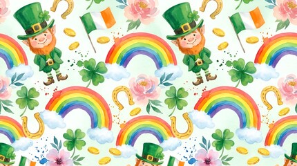Obraz premium Lucky St. Patrick's Day watercolor pattern with cute leprechauns, rainbows and pink spring flowers.