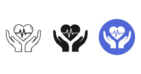Obraz premium Heartcare icons: line art, black silhouette, blue circle variations with hands and heartbeat