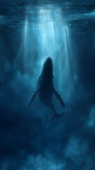 Whale Underwater in Blue Ocean with Light Rays