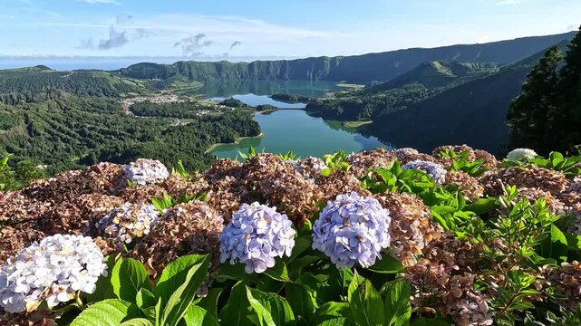 View from Vista do Rei over Lagoa Azul and Lagoa Verde inside the Sete Cidades volcanic caldera, Sao Miguel Island, Azores
