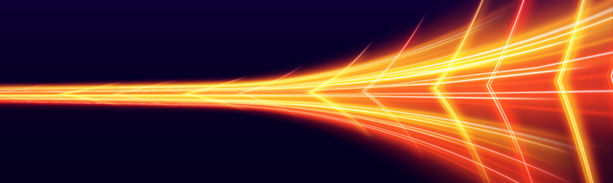 Rainbow speed trail twists elegantly, flowing rapidly with glowing luminous paths and scattered spark particles. vector