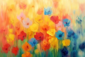 Obraz premium vibrant abstract painting of colorful blooming flowers with blurred vertical brushstrokes and a warm joyful atmosphere
