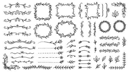 Hand drawn botanical dividers frames and decorative floral connectors for wedding invitation design