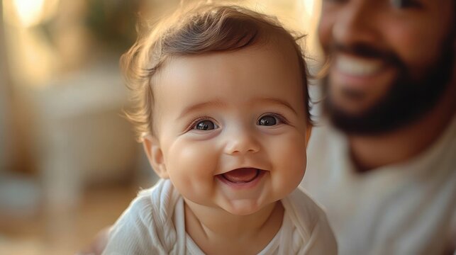 baby sitting on caregiver's lap in warm backlit room with soft curly hair and a gentle, curious expression in a cozy tender family moment