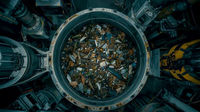 Top Down View Of Circular Industrial Machine Filled With Assorted Scrap Metal And Waste Materials