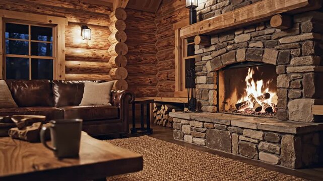 Cozy interior scene fireplace wooden walls leather sofa relaxation