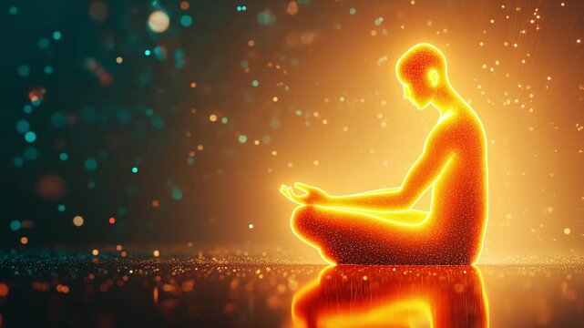 A figure sits in a meditative pose, surrounded by glowing particles, illustrating the journey of self awareness and mindfulness
