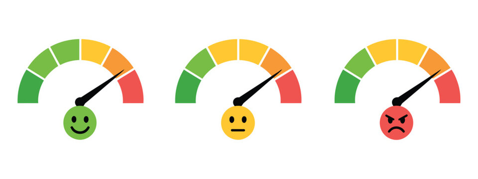 Speedometer Rating with Arrow and Emotion Scale Set, Editable Vector Graphics Featuring Customer Satisfaction Meter
