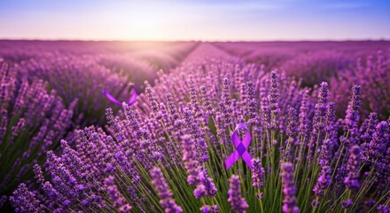 Obraz premium a lavender ribbon placed within a blooming lavender field at sunset