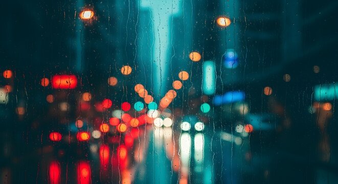 Blurry nighttime city street scene with colorful lights reflecting on wet pavement at dusk or dawn in a dark urban environment.