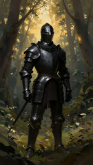 Fototapeta premium Medieval Knight in Full Armor Standing Alone in a Misty Forest with Sunlight Filtering Through Trees, Fantasy Illustration for Game or Movie Concept Art