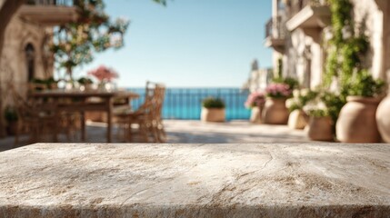 Obraz premium Stone table overlooking a terrace with flowers and water view in a sunny outdoor setting