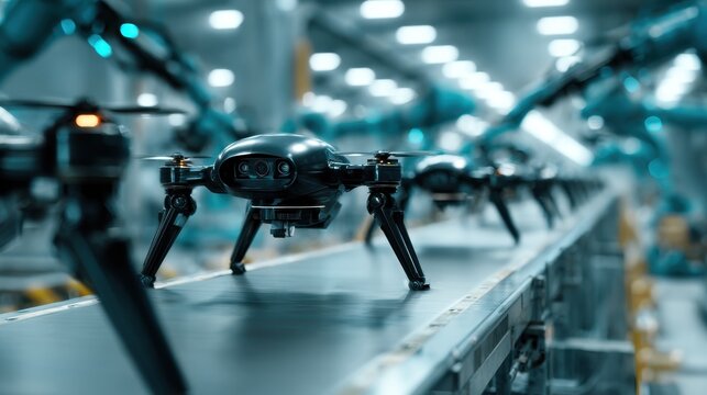 Robots and drones on a production line in a modern factory showing technology in action during daytime