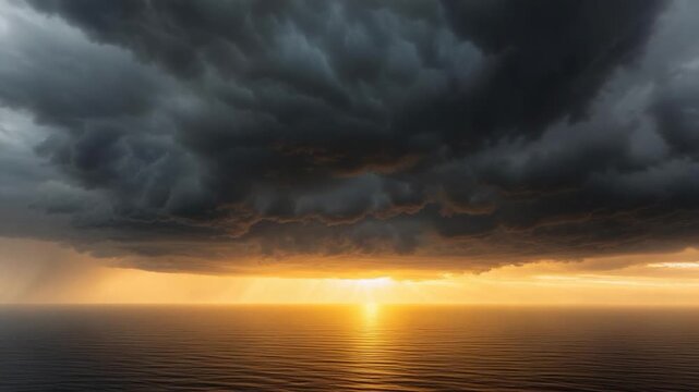 Dramatic seascape captures dark storm clouds above sunlit horizon reflecting on calm water