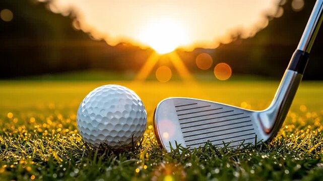 Golf ball and club on green course with golden sunset light