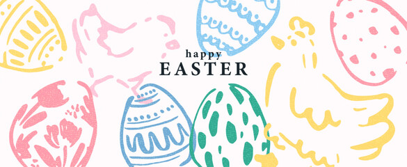 Easter design. Hand drawn cute eggs, flowers, chicken. Colorful vector spring illustration. Holiday card, banner, cover.