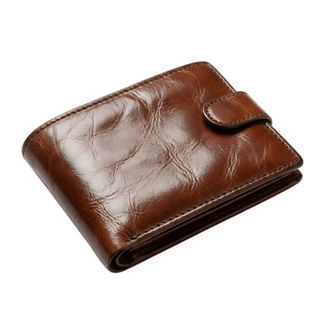 Brown leather wallet with flap closure isolated on a transparent background