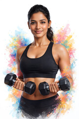 Confident Young Woman Holding Dumbbells in Fitness Workout Portrait with Color Splash Background