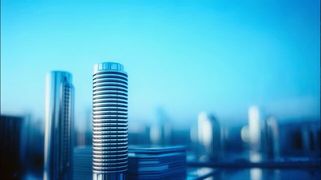 Abstract close-up of metallic towers and structures against a gradient blue sky