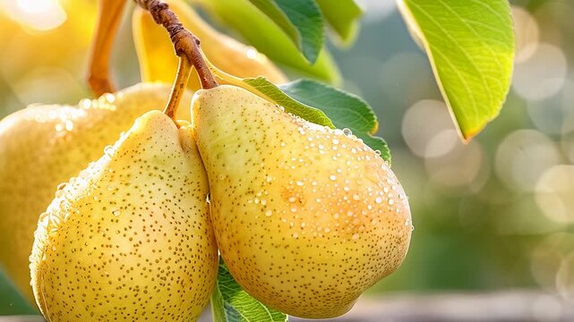 Ripe pears dripping with morning dew, orchard fruit, fruit, tree grown pear, fresh harvest, sunlit foliage, natural beauty.