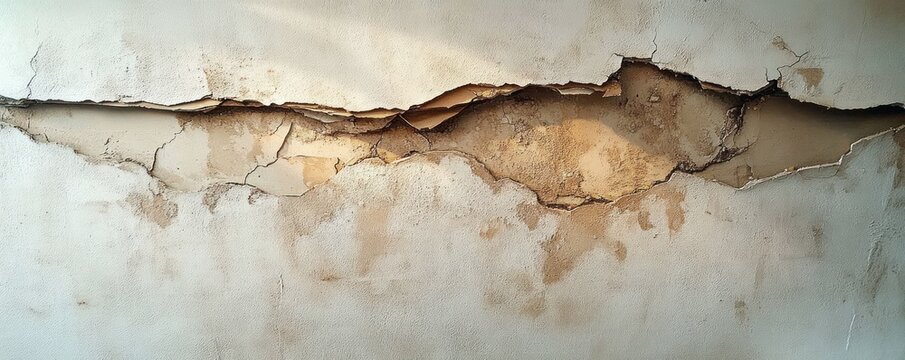 long horizontal cracked and peeling plaster wall with exposed crumbling underlayer, brown water stains and weathered texture conveying decay and neglect