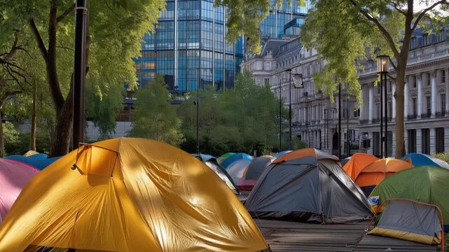A worn and torn tent city filled with families underscores the critical issues of poverty and homelessness, representing the urgent need for affordable housing solutions and community assistance