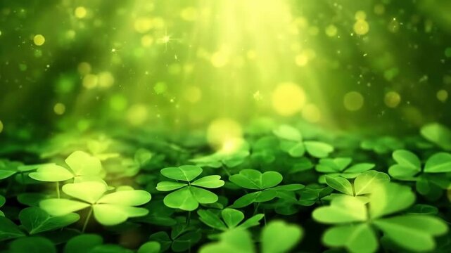 Bright sunlight on vibrant green clover field with golden bokeh background. Saint Patrick's Day, St Paddy's Day, St Patty's Day - Irish National Holiday and Cultural Celebration