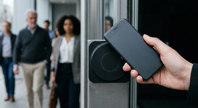 Contactless smartphone tap on NFC access reader at office doorway