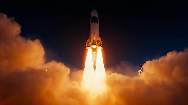 Dramatic rocket launch with plumes of fire ascending into the night sky