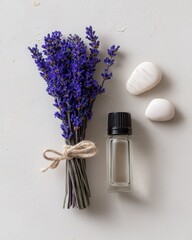 Generative AI, Lavender bundle with oil bottle and pebbles on white background