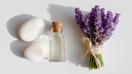 Generative AI, Lavender bundle with oil bottle and pebbles on white background
