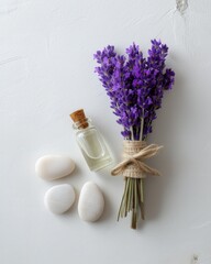 Generative AI, Lavender bundle with oil bottle and pebbles on white background