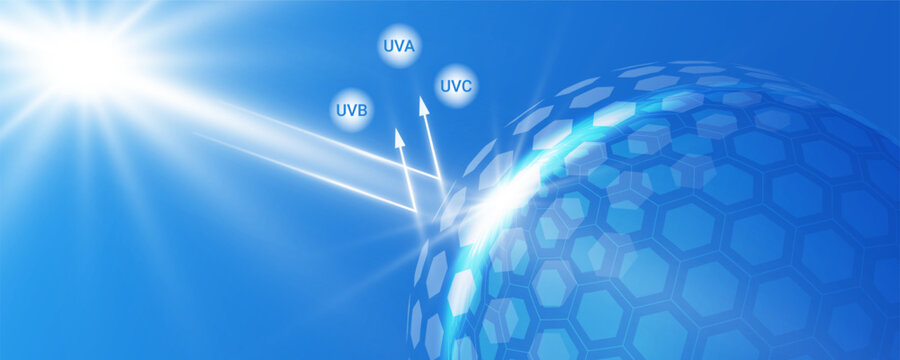 Protective sphere dome blocking sun UV light. Transparent shield barrier with glowing effect on blue background. Skin protection concept. Vector illustration.