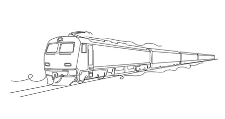 Electric passenger train traveling along track in perspective view. No editable stroke