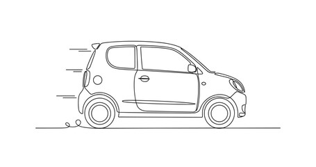 Naklejka premium Compact hatchback moving on minimalist road illustration. No editable stroke