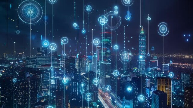 Glowing holographic symbols suspended above urban, smart city interface, data visualization, cybernetic network, digital overlay, connected infrastructure, tech.