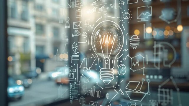 Idea concept visualized with glowing bulb and tech, innovation symbol, graphic, creative thinking, startup concept, digital overlay, office window.