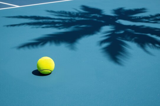 Tennis Ball on Blue Hardcourt with Palm Shadow
