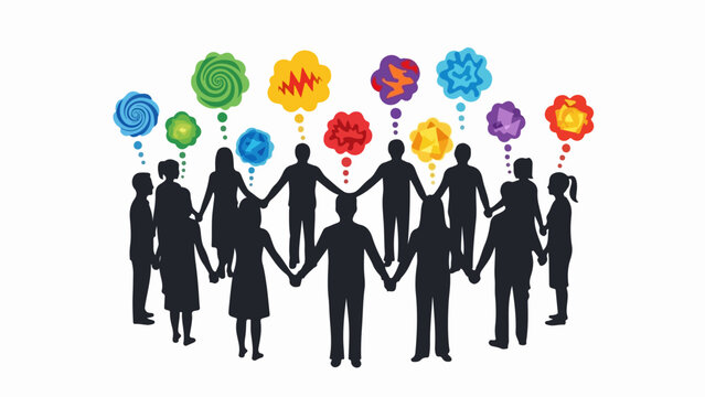 People holding hands illustrate collective thinking, forming circle with colorful thought bubbles. Group symbolizes unity, fostering effective collective thinking, shared understanding.