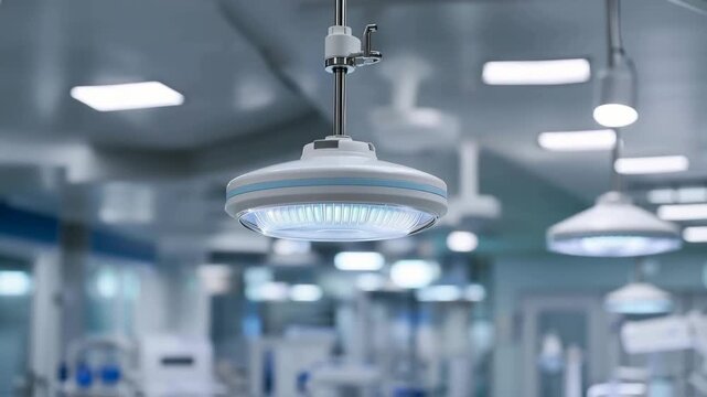 An innovative UV disinfection device mounted on the ceiling of a hospital operating room, emphasizing its effectiveness in providing a clean surgical environment and safeguarding patient health.
