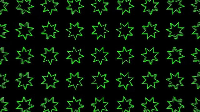 Seamless loop of green stars pattern on black background, minimalist animation